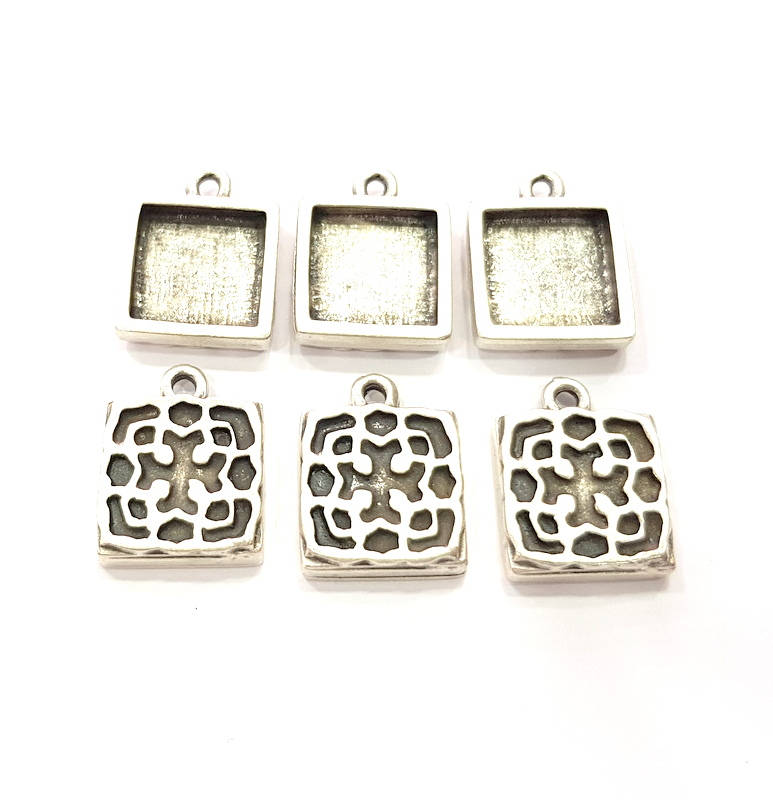 6 Silver Pendant Blank Bezel Base Setting inlay Blank Earring Base Resin Blank Mountings Antique Silver Plated (12mm square blank)  G11641
