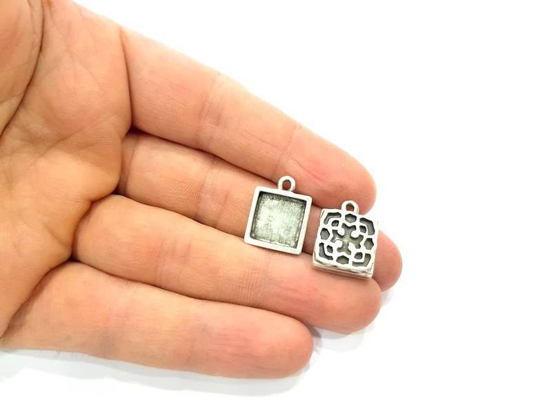 6 Silver Pendant Blank Bezel Base Setting inlay Blank Earring Base Resin Blank Mountings Antique Silver Plated (12mm square blank)  G11641
