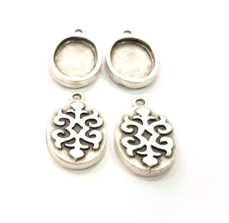 4 Silver Pendant Blank Bezel Base Setting inlay Blank Earring Base Resin Blank Mountings Antique Silver Plated ( 18x13mm oval blank)  G11642