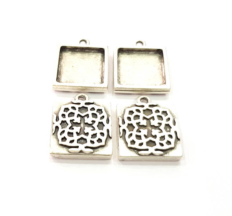 4 Silver Pendant Blank Bezel Base Setting inlay Blank Earring Base Resin Blank Mountings Antique Silver Plated ( 20mm square blank)  G15704