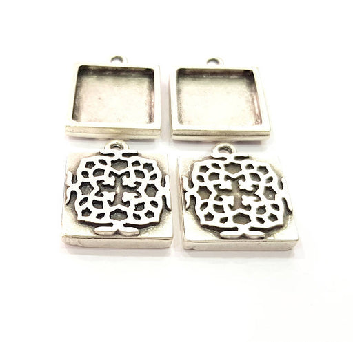 4 Silver Pendant Blank Bezel Base Setting inlay Blank Earring Base Resin Blank Mountings Antique Silver Plated ( 16mm square blank)  G14605