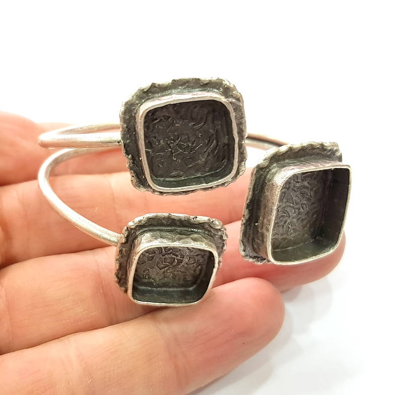 Silver Bracelet Blank Bangle Blank Cuff Blank Adjustable Bracelet inlay Blank Antique Silver Plated Brass (18x18mm and 15x15mm Blanks) G9747