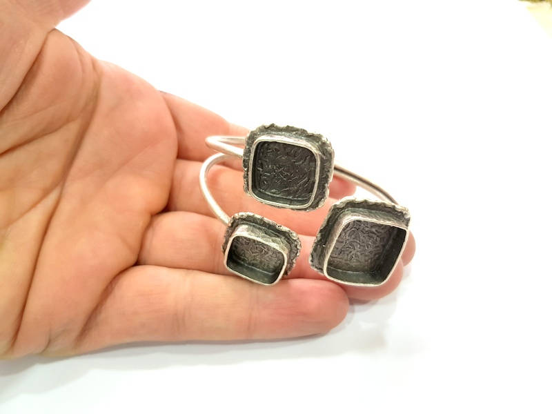Silver Bracelet Blank Bangle Blank Cuff Blank Adjustable Bracelet inlay Blank Antique Silver Plated Brass (18x18mm and 15x15mm Blanks) G9747