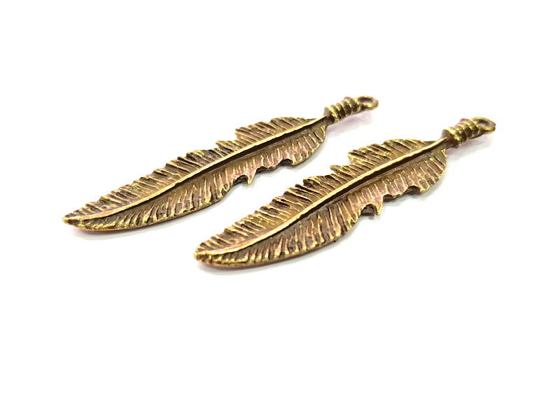 2 Feather Charm Antique Bronze Charm Antique Bronze Plated Metal (58x13mm) G11694