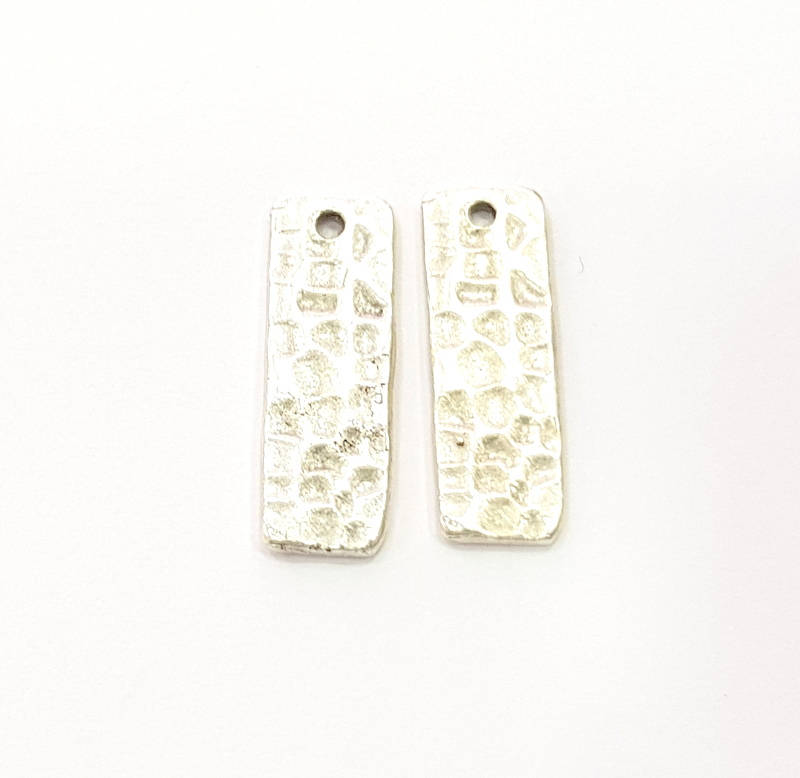 4 Silver Stamp Charms Hammered Antique Silver Plated Brass Charms (20x6mm)  G11679