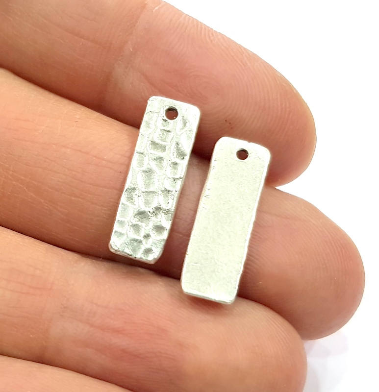4 Silver Stamp Charms Hammered Antique Silver Plated Brass Charms (20x6mm)  G11679