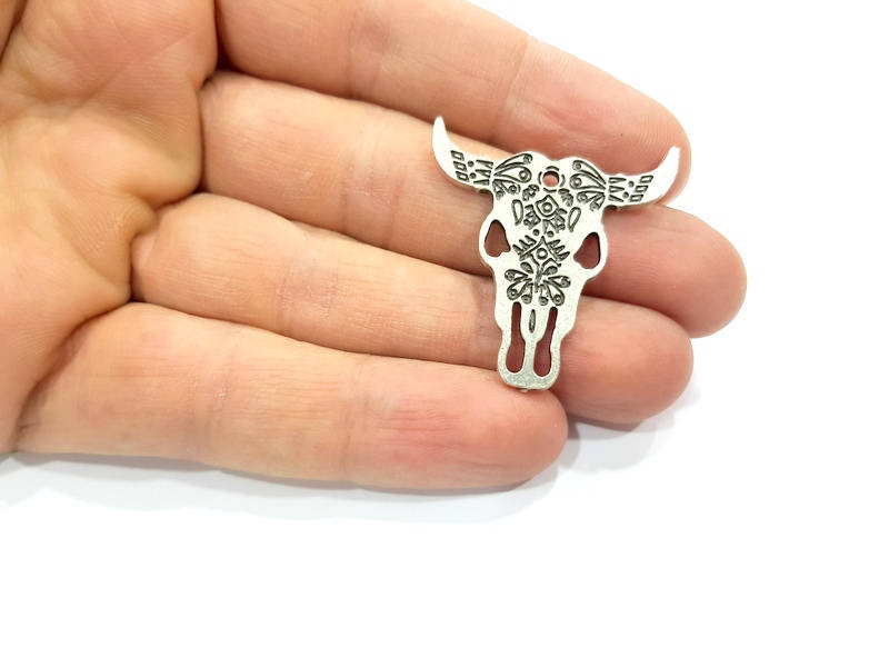 4 Silver Ox Head Skull Pendant Antique Silver Plated Pendant (33x32mm) G9790