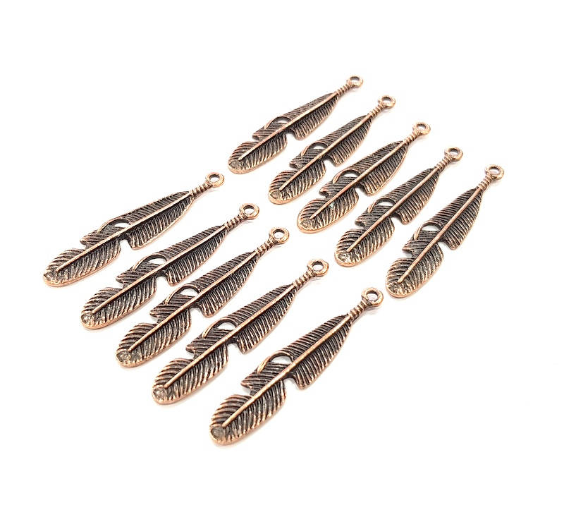 10 Feather Charm Antique Copper Charm Antique Copper Plated Charm (41x7mm) G9810