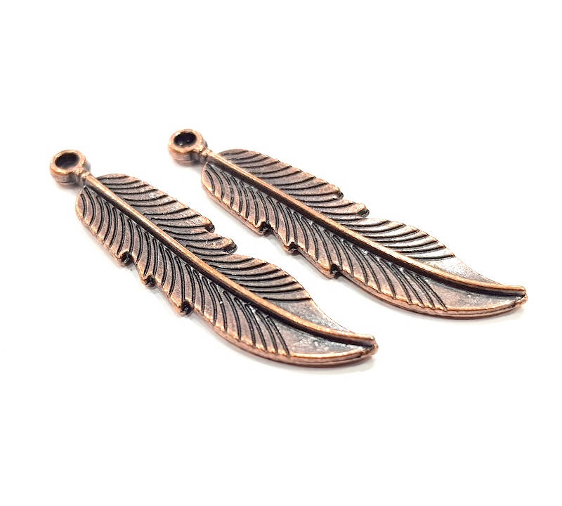4 Copper Feather Charm Antique Copper Charm Antique Copper Plated Metal  (44x10mm) G11857
