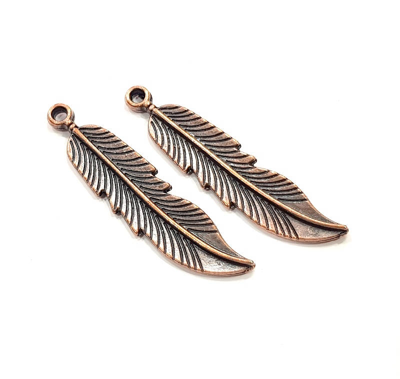 4 Copper Feather Charm Antique Copper Charm Antique Copper Plated Metal  (44x10mm) G11857