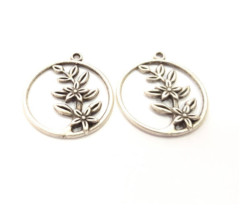 2 Leaf Charms Flower Charm Silver Charms Antique Silver Plated Charms (28mm) G9966