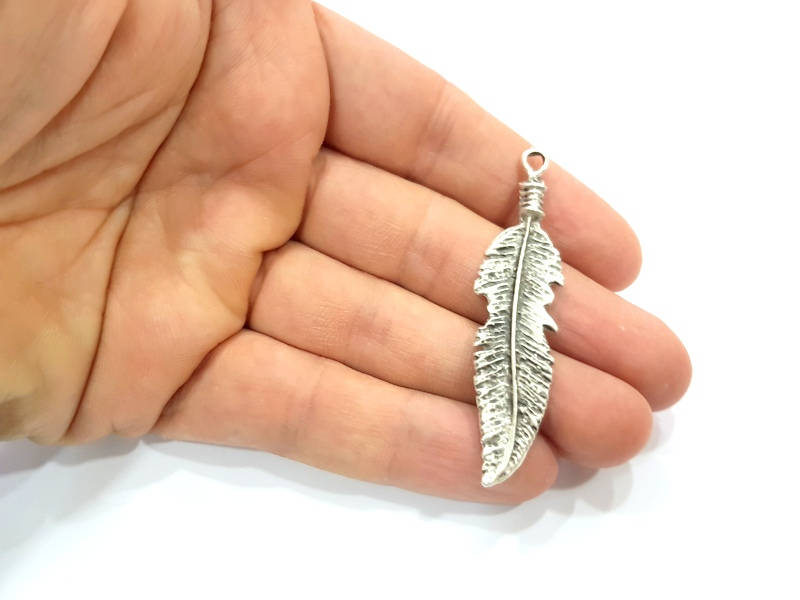 2 Feather Charm Silver Charms Antique Silver Plated Charms (62x14mm) G9972