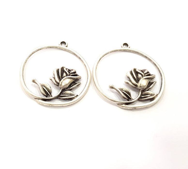 2 Rose Charm Flower Charm Silver Charms Antique Silver Plated Charms (32mm) G9980