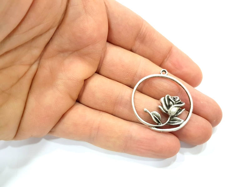 2 Rose Charm Flower Charm Silver Charms Antique Silver Plated Charms (32mm) G9980