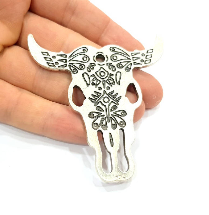 Silver Large Ox Head Skull Pendant Antique Silver Plated Pendant (75x70mm) G10035