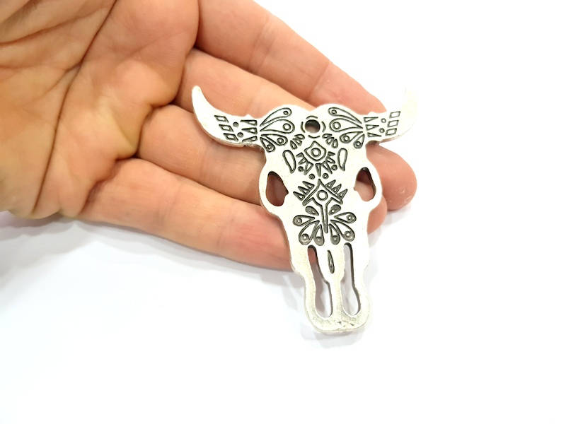 Silver Large Ox Head Skull Pendant Antique Silver Plated Pendant (75x70mm) G10035