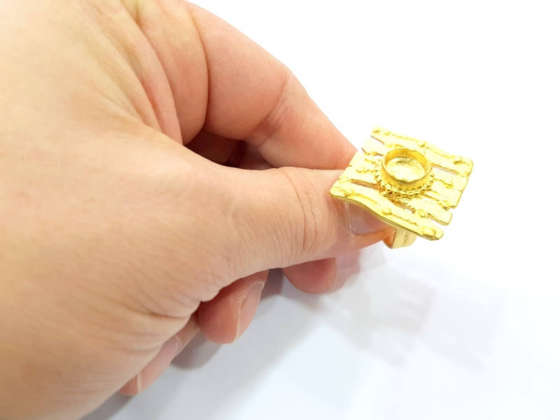 Gold Ring Settings Blank inlay Ring Mosaic Ring Bezel Base Cabochon Mountings Adjustable (10mm blank ) Gold Plated Brass G10183