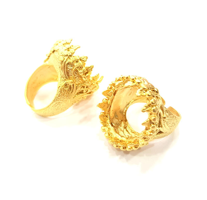 Gold Ring Settings Blank inlay Ring Mosaic Ring Bezel Base Cabochon Mountings Adjustable (20mm blank ) Gold Plated Brass G10188