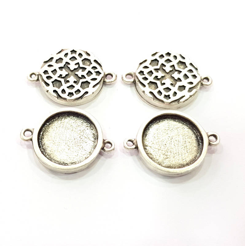 4 Silver Connector Pendant Blank Bezel Base Setting inlay Blank Earring Base Resin Mountings Antique Silver Plated (16 mm blank)  G11970