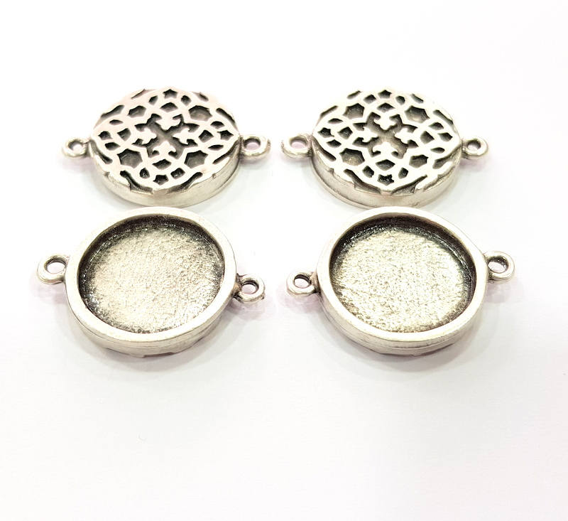 4 Silver Connector Pendant Blank Bezel Base Setting inlay Blank Earring Base Resin Mountings Antique Silver Plated (16 mm blank)  G11970