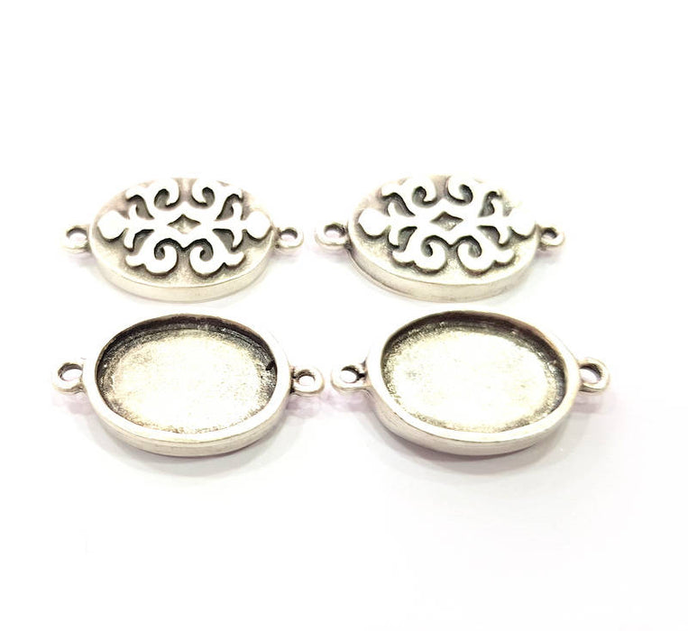 4 Silver Connector Pendant Blank Bezel Base Setting inlay Blank Earring Base Resin Mountings Antique Silver Plated (20x15 mm blank)  G11969