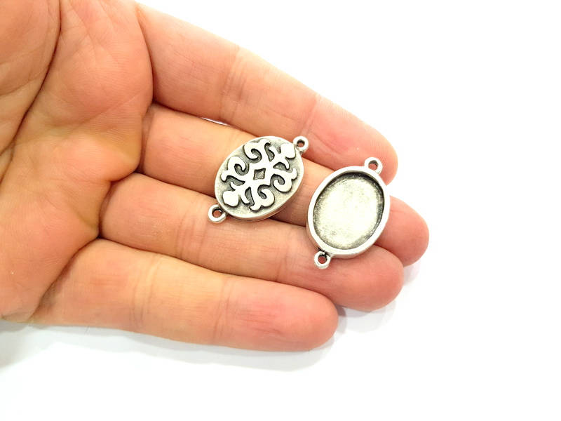 4 Silver Connector Pendant Blank Bezel Base Setting inlay Blank Earring Base Resin Mountings Antique Silver Plated (20x15 mm blank)  G11969