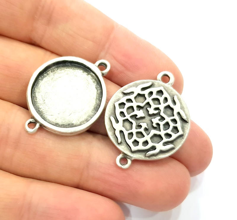 4 Silver Connector Pendant Blank Bezel Base Setting inlay Blank Earring Base Resin Mountings Antique Silver Plated (20 mm blank)  G11973