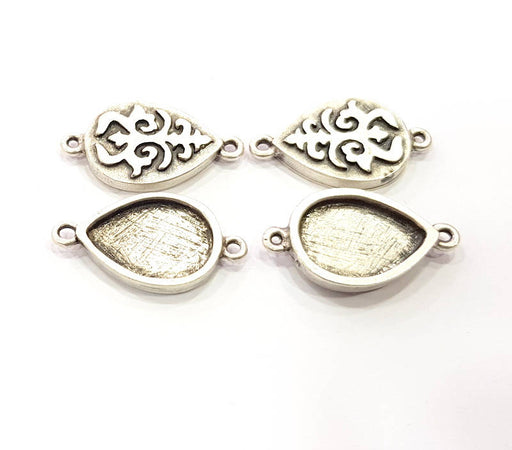 4 Silver Connector Pendant Blank Bezel Base Setting inlay Blank Earring Base Resin Mountings Antique Silver Plated (18x13 mm blank)  G11974