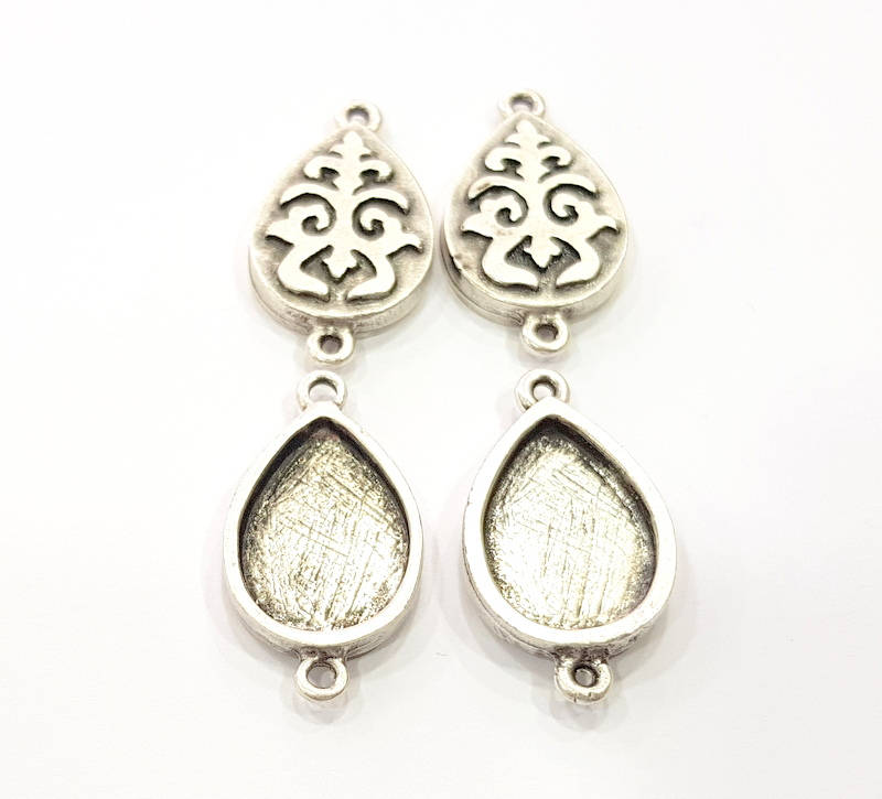 4 Silver Connector Pendant Blank Bezel Base Setting inlay Blank Earring Base Resin Mountings Antique Silver Plated (18x13 mm blank)  G11974
