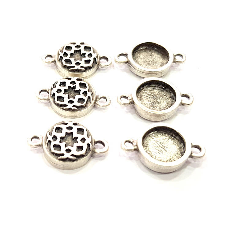 6 Silver Connector Pendant Blank Bezel Base Setting inlay Blank Earring Base Resin Mountings Antique Silver Plated (10 mm blank)  G11976