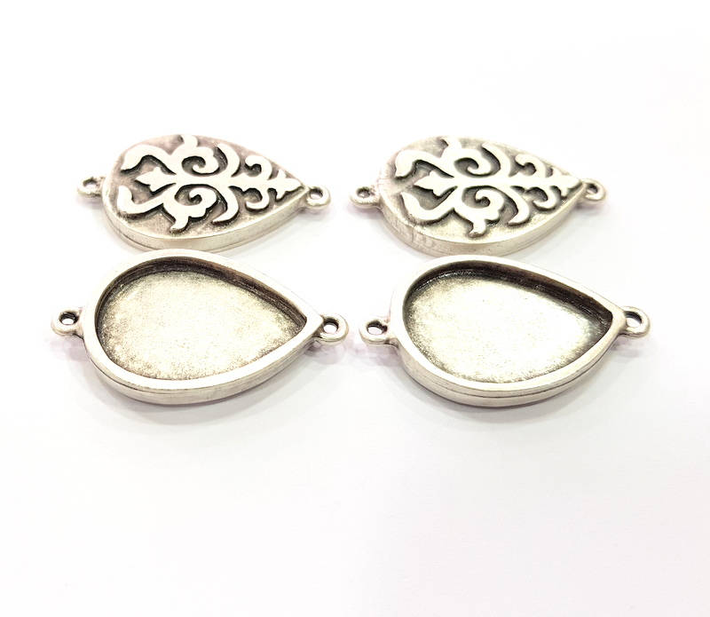 4 Silver Connector Pendant Blank Bezel Base Setting inlay Blank Earring Base Resin Mountings Antique Silver Plated (25x18 mm blank)  G14606