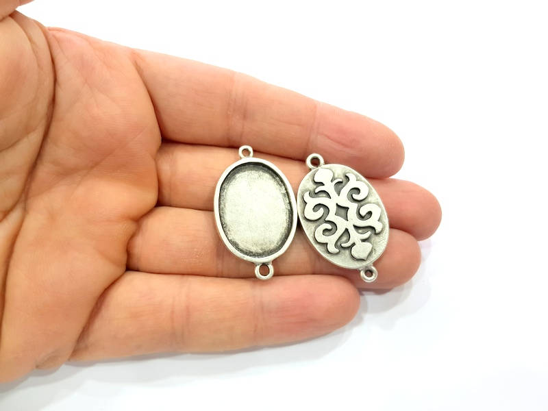 4 Silver Connector Pendant Blank Bezel Base Setting inlay Blank Earring Base Resin Mountings Antique Silver Plated (25x18 mm blank)  G11978