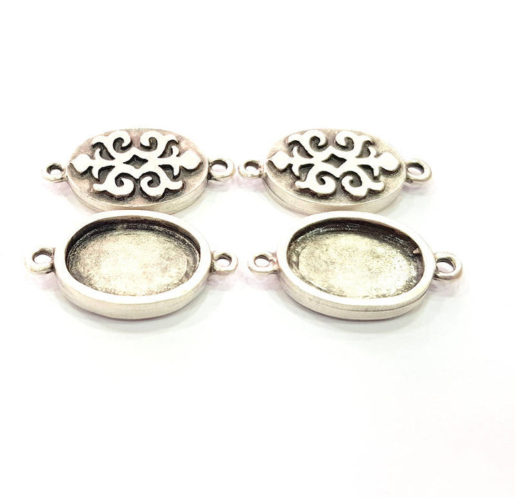 4 Silver Connector Pendant Blank Bezel Base Setting inlay Blank Earring Base Resin Mountings Antique Silver Plated (18x13 mm blank)  G11981
