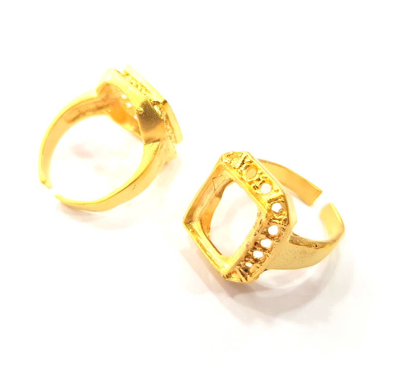 Gold Ring Blank Ring Settings Ring Bezel Base Cabochon Mountings Adjustable  (12x10mm and 2mm blank ) Gold Plated Brass G10252