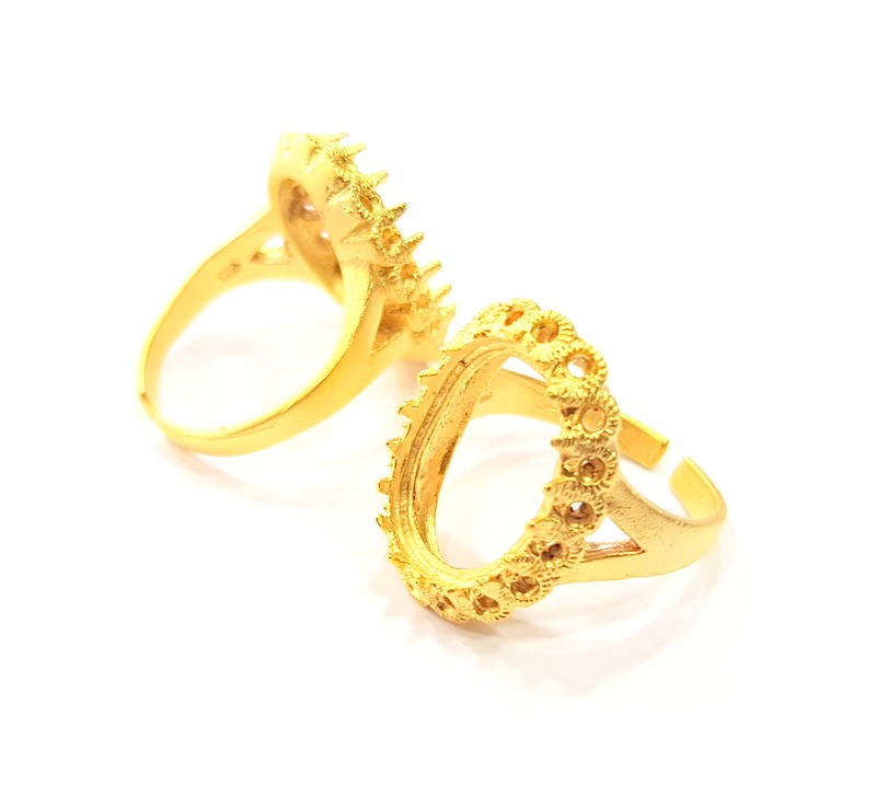 Gold Ring Blank Ring Settings Ring Bezel Base Cabochon Mountings Adjustable  (16x10mm and 2mm blank ) Gold Plated Brass G10255