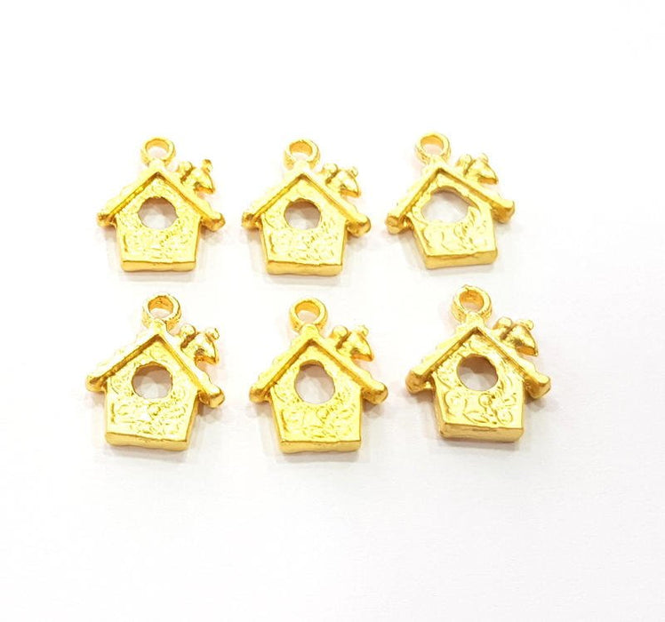 6 Bird House Charm Gold Charm Gold Plated Charms  (16x12mm)  G10261