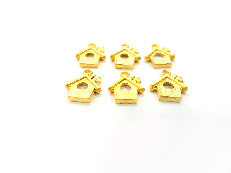 6 Bird House Charm Gold Charm Gold Plated Charms  (16x12mm)  G10261