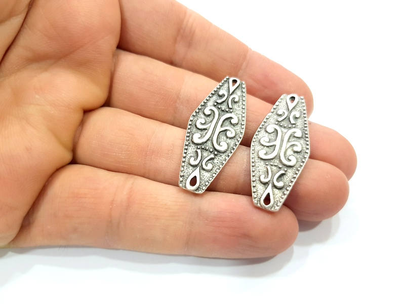 4 Silver Patterned Charms Antique Silver Plated Charms (38x15mm) G14385