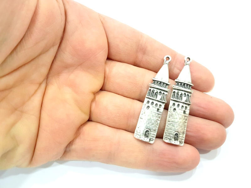 2 Galata Tower Charms Antique Silver Plated Charms (50x10mm) G10331