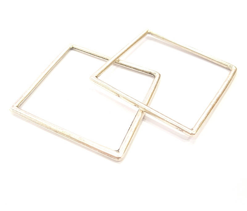 2 Large Square Connector Pendant Antique Silver Plated Geometric Pendants (52mm) G12292