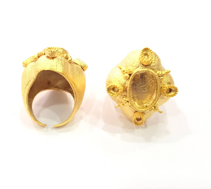 Gold Ring Blank Ring Settings Ring Bezel Base Cabochon Mountings Adjustable  (14x10mm and 5x3mm blank ) Gold Plated Brass G10341