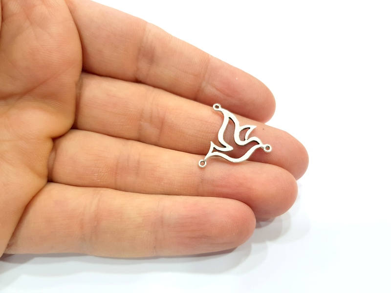 2 Bird Charms Connector Antique Silver Plated Brass Charms (20x20mm)  G10446