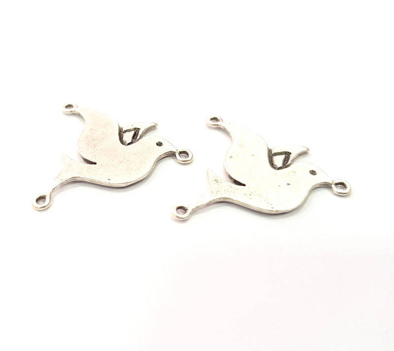 2 Bird Charms Connector Antique Silver Plated Brass Charms (20x20mm)  G10447