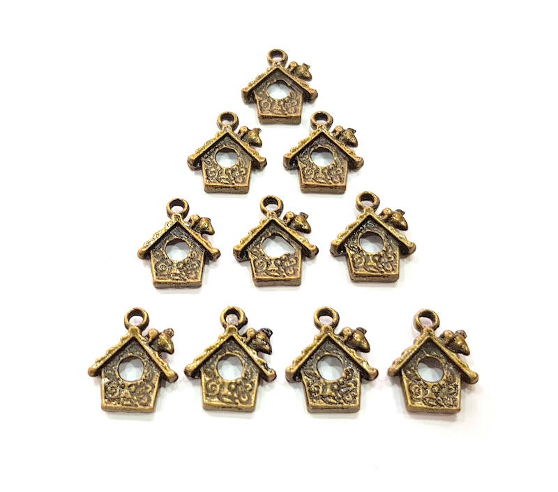 10 Bird House Charm Antique Bronze Charm Antique Bronze Plated Metal Charms (16x13mm) G10478