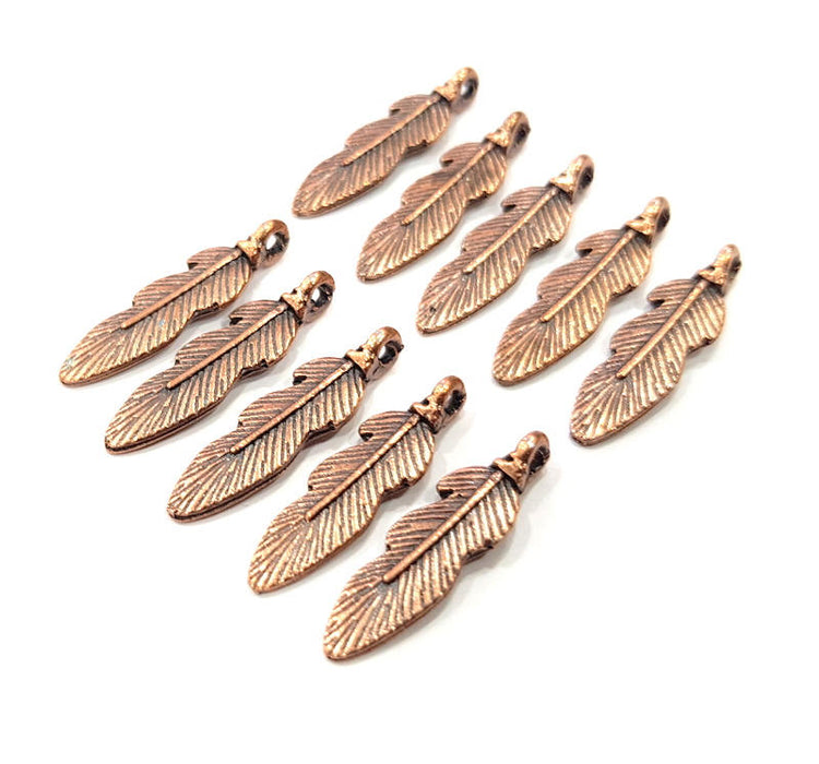 10 Feather Charm Antique Copper Charm Antique Copper Plated Metal (25x7mm) G12077