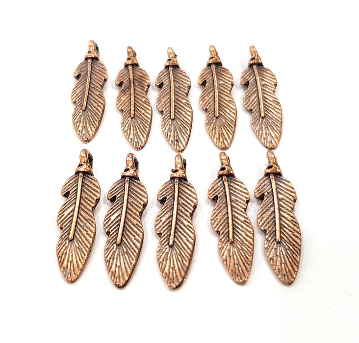 10 Feather Charm Antique Copper Charm Antique Copper Plated Metal (25x7mm) G12077