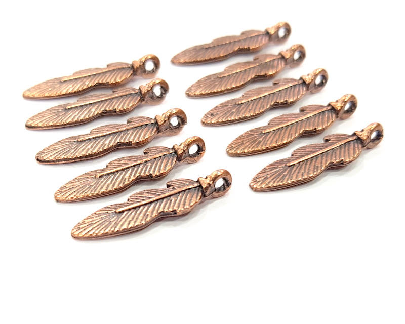 10 Feather Charm Antique Copper Charm Antique Copper Plated Metal (25x7mm) G12077