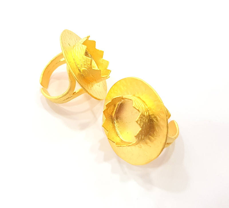 Gold Ring Settings Blank inlay Ring Mosaic Ring Bezel Base Cabochon Mountings Adjustable (14mm blank ) Gold Plated Brass G10716