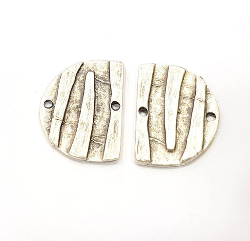 2 Half circle with stripes Charms Connector Silver Charms Connector Antique Silver Plated Metal (28x20mm) G10823