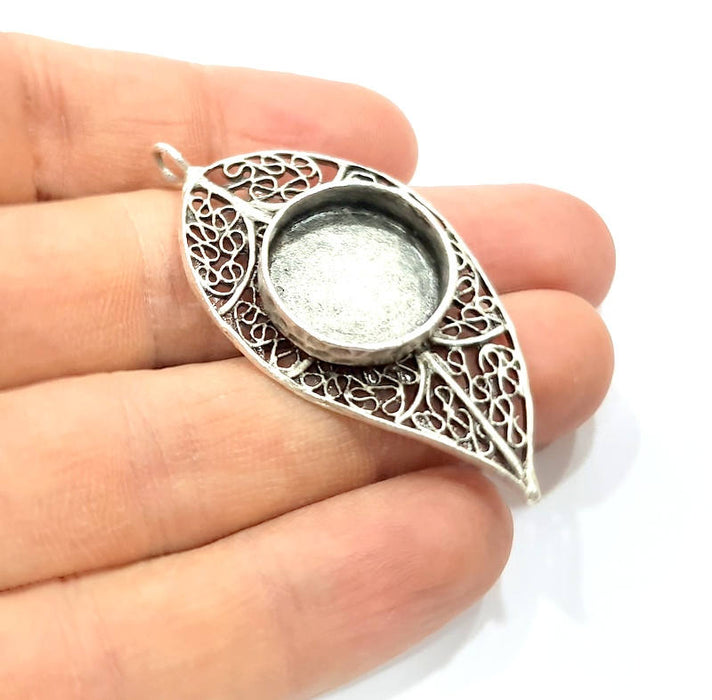 Silver Leaf Pendant Blank Connector Mosaic Base Blank inlay Blank Necklace Blank Resin Blank Antique Silver Plated Brass ( 18mm )  G10893